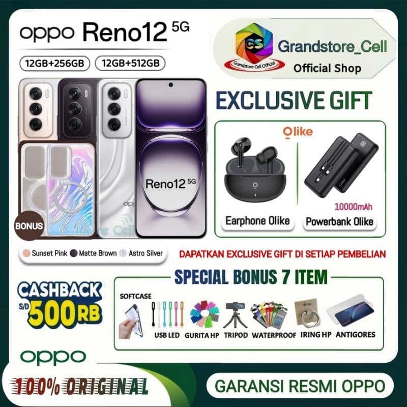 OPPO RENO 12 5G RAM 12/256GB | OPPO RENO12 5G RAM 12/512GB GARANSI RESMI OPPO INDONESIA