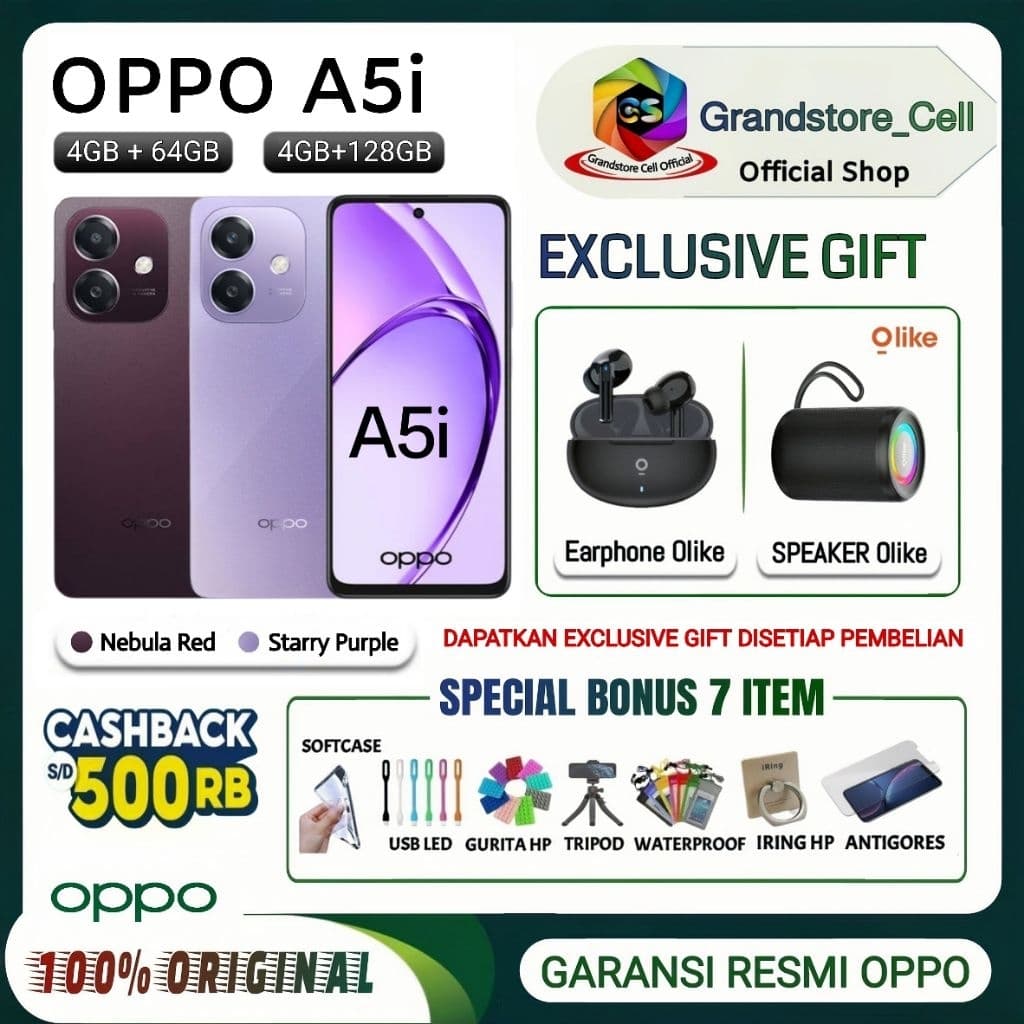 OPPO A5i RAM 4/64GB - RAM 4/128GB, Battery 5100mAh + 45W, GARANSI RESMI OPPO INDONESIA