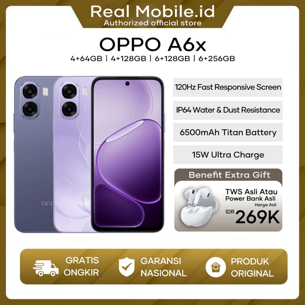 OPPO A6x 6+256/6+128/4+64 6500mAh+15W IP64 Water & Dust Resistance OPPO Terbaru 2025 Garansi Resmi