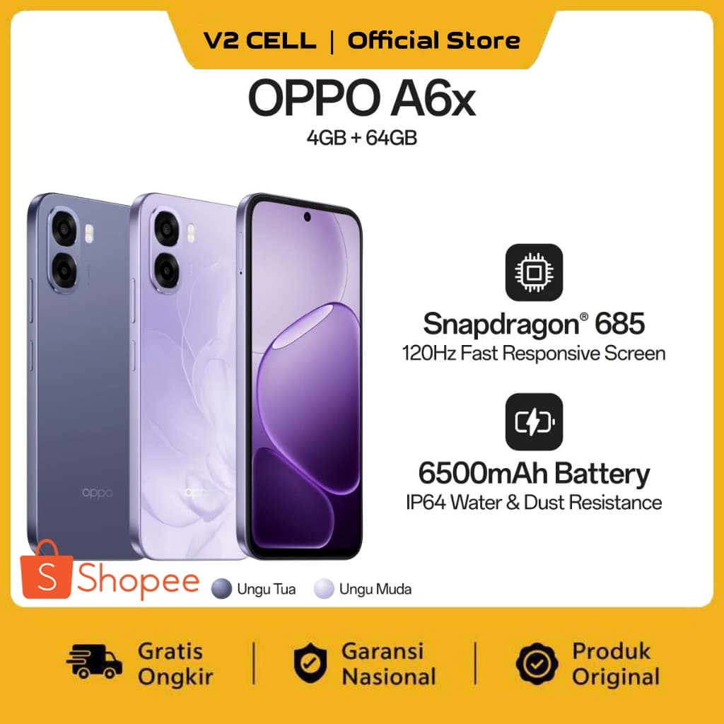 OPPO A6x [4/64GB] IP64 | 6500mAh | Snapdragon 685, 120Hz - GARANSI RESMI - ORIGINAL