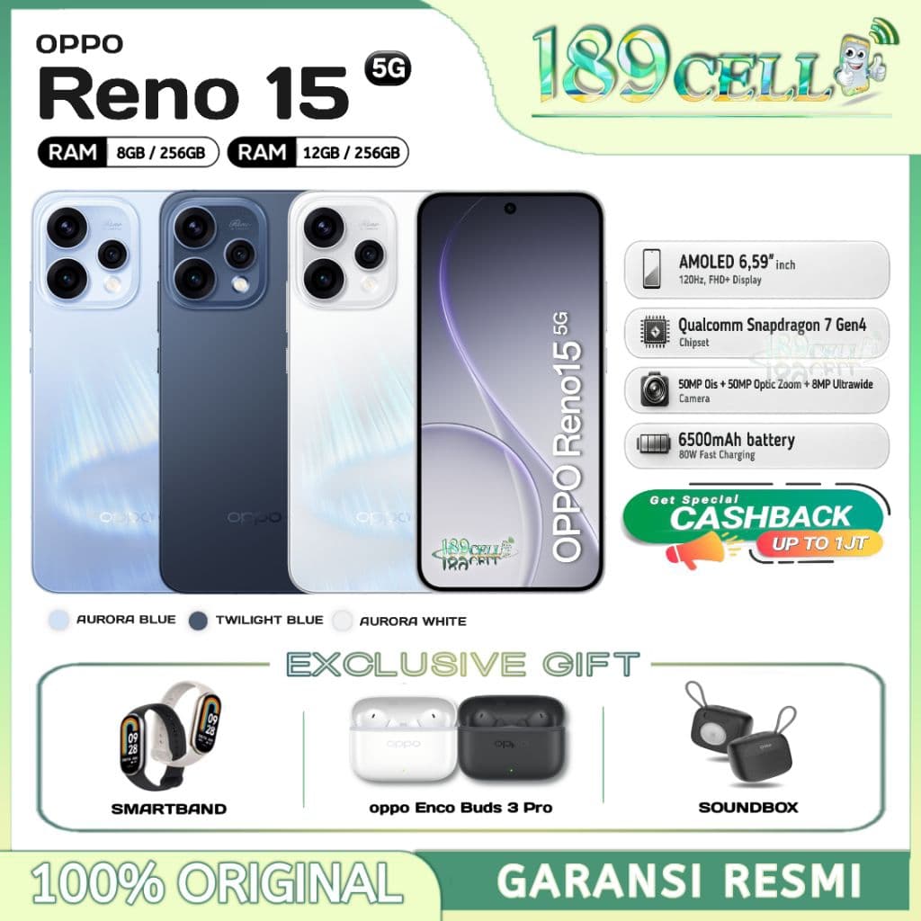 Oppo Reno 15 5G [8/256GB] [12/256GB] - Snapdragon 7 Gen 4, Dual 50MP Camera - Reno15 Garansi Resmi