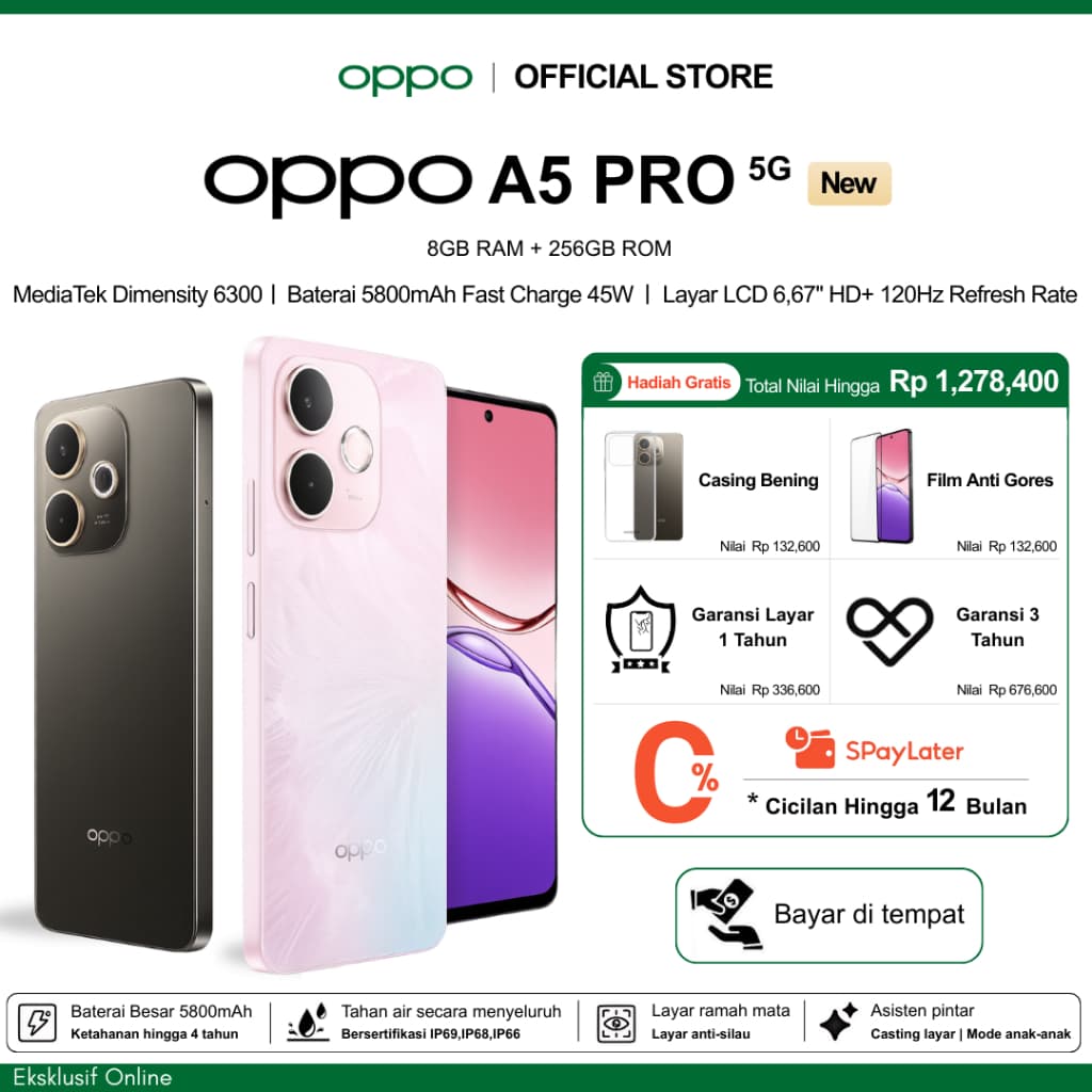 OPPO A5 Pro 5G Smartphone 8GB/256GB AI LinkBoost 2.0 Terbaru 2025 Garansi Resmi Oppo Indonesia